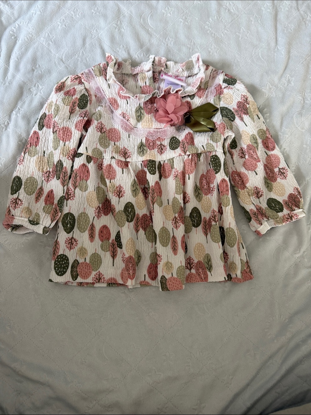 Little Lass Pink & Green Floral Ruffle Yoke Top 9-12 months